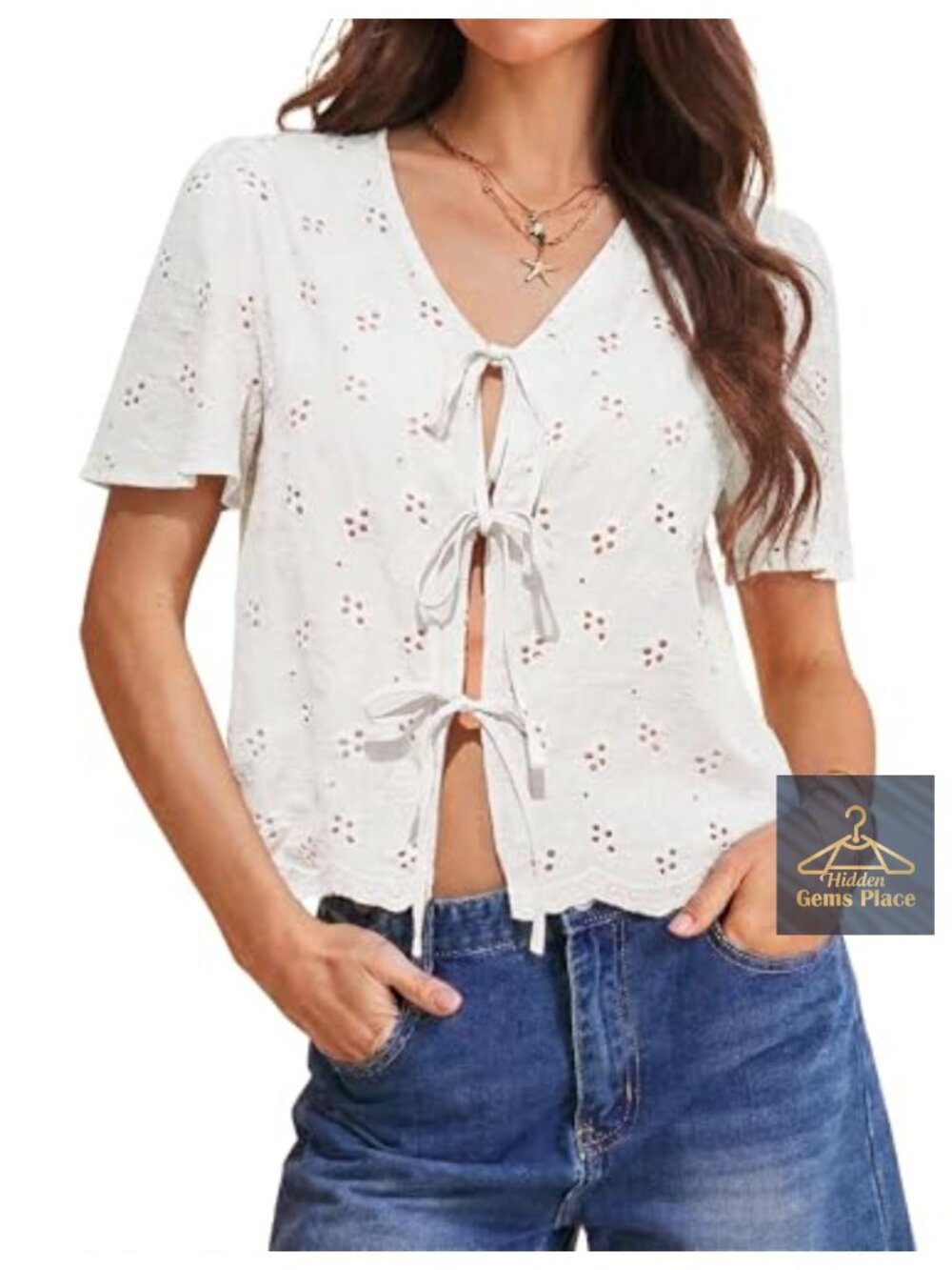 Cotton Eyelet Tie Front Boho V Neck Shirt Beach Cover Up